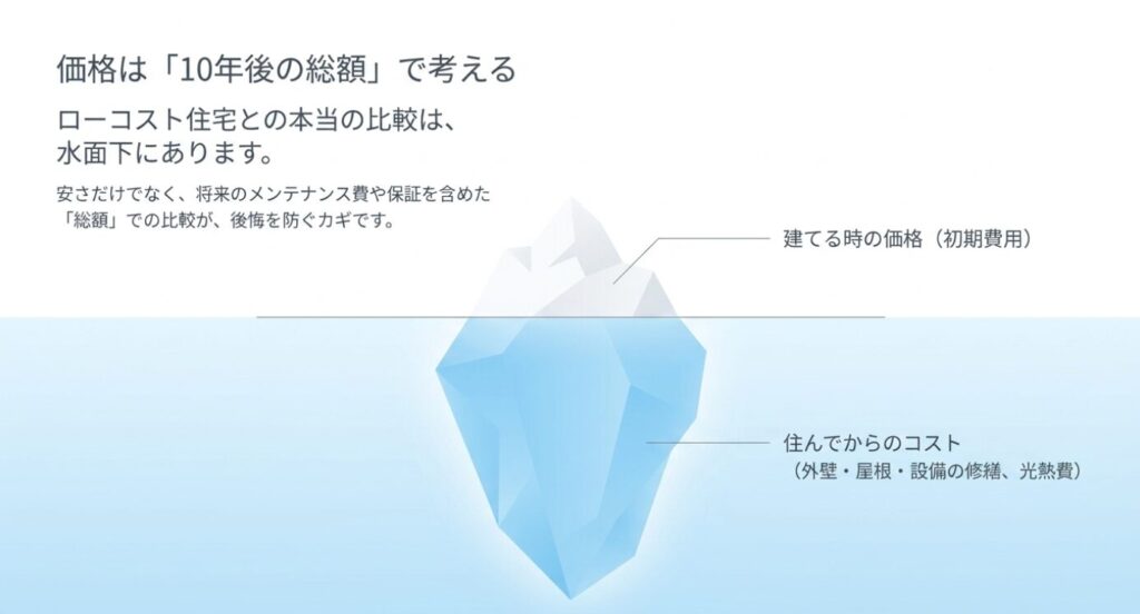 画像タイトル: 住宅価格は10年後の総額で比較する
代替テキスト: 建てる時の初期費用だけでなく住んでからの外壁や屋根、設備修繕、光熱費まで含めて住宅価格を比較する重要性を示した図