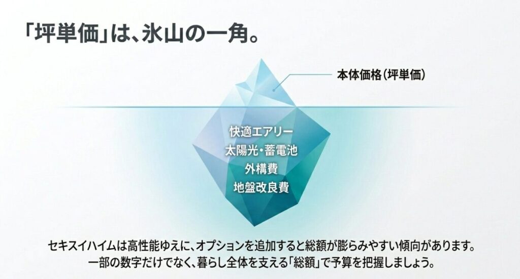 画像タイトル: 坪単価だけでは見えない総額費用
代替テキスト: 本体価格だけでなく快適エアリーや太陽光、蓄電池、外構費、地盤改良費などを含めた総額で判断する重要性を示した図