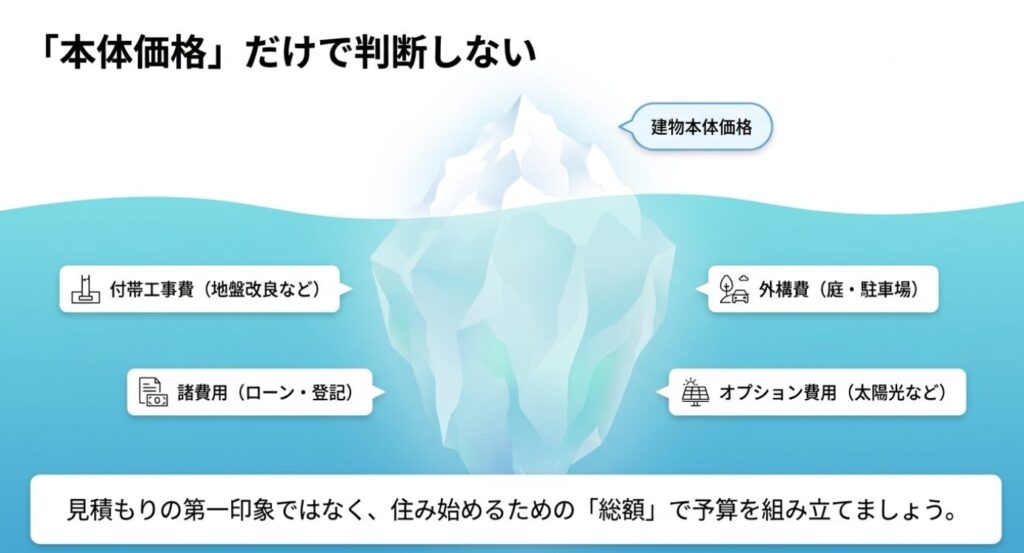 画像タイトル: 本体価格だけで判断しない32坪平屋の総額
代替テキスト: 建物本体価格のほか付帯工事費、外構費、諸費用、オプション費用を含めて総額を見る必要性を示したスライド