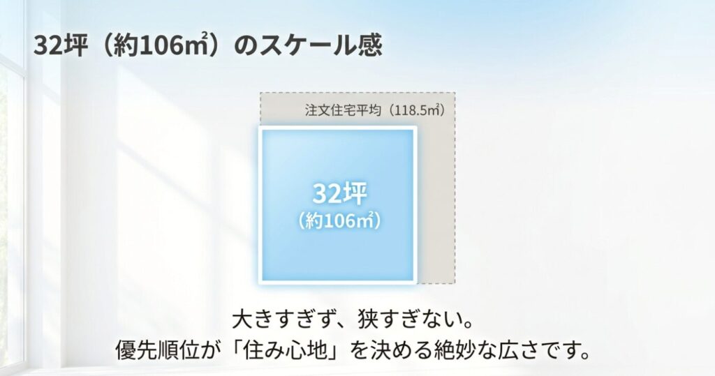 画像タイトル: 32坪平屋の広さと約106㎡のスケール感
代替テキスト: 32坪約106㎡の平屋と注文住宅平均118.5㎡を比較し広さの目安を示したスライド