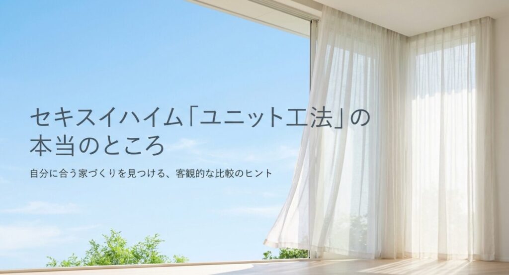 画像タイトル: セキスイハイムのユニット工法を客観的に比較する視点
代替テキスト: セキスイハイムのユニット工法について自分に合う家づくりを見つけるための客観的な比較のヒントを示したスライド