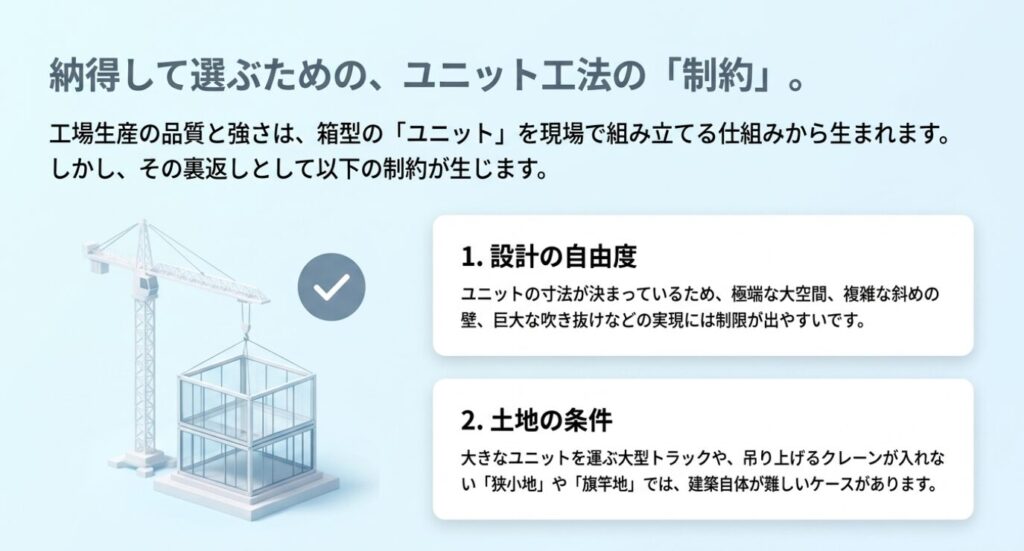 画像タイトル: ユニット工法の品質と設計や土地条件の制約
代替テキスト: 工場生産の品質と強さがある一方で設計自由度や土地条件に制約が出やすいことを説明したスライド