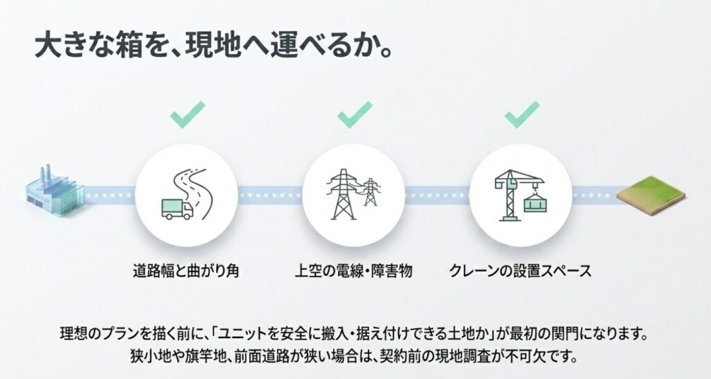 画像タイトル: ユニット搬入で確認したい土地条件
代替テキスト: ユニット住宅を現地へ運ぶ際に道路や曲がり角、電線、クレーン設置スペースを確認する必要があることを示した図