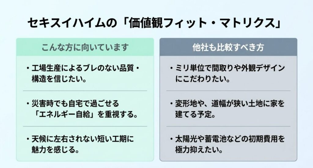 画像タイトル: セキスイハイムが向いている人と他社比較すべき人の整理
代替テキスト: 工場生産の品質や災害時の自宅避難を重視する人に向く一方で設計自由度や初期費用を重視する人は他社比較すべきと示したスライド