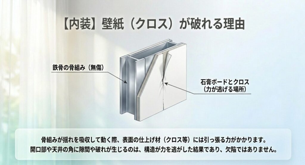 画像タイトル: 地震でクロスが破れる理由を示す内装被害の図解
代替テキスト: 鉄骨の骨組みが揺れを受けた際に石膏ボードやクロスへ力がかかる仕組みを説明したスライド