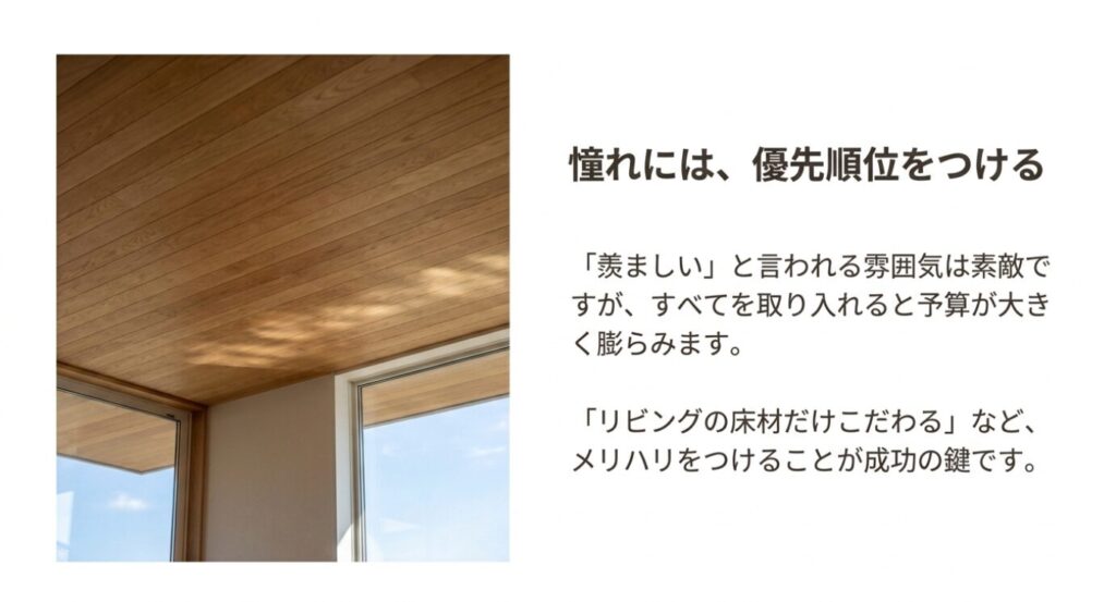 画像タイトル: 住友林業らしい憧れには優先順位をつけることが大切
代替テキスト: 木質天井の写真とともに、住友林業らしい雰囲気をすべて取り入れるのではなく優先順位をつける重要性を示したスライド