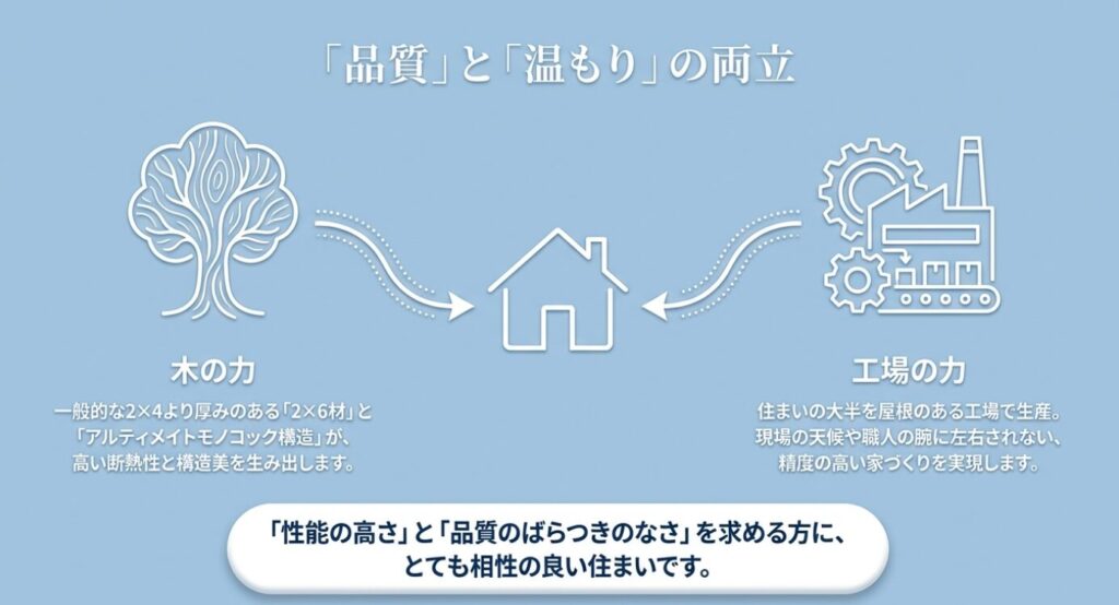 画像タイトル: グランツーユーVが両立する木の力と工場の力
代替テキスト: 木の力と工場の力を家に取り入れ、品質と温もりの両立を表現したグランツーユーVの説明スライド