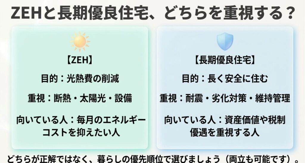 画像タイトル: ZEHと長期優良住宅の違い
代替テキスト: ZEHは光熱費削減や断熱、太陽光を重視し、長期優良住宅は耐震や劣化対策、維持管理を重視する違いを比較したスライド