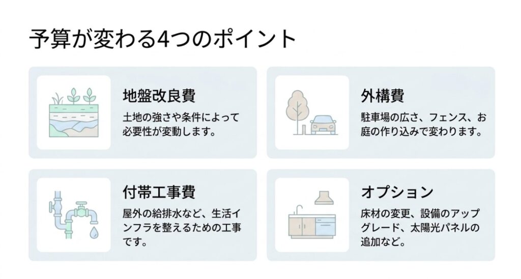 画像タイトル: 予算が変わる4つのポイント
代替テキスト: 地盤改良費、外構費、付帯工事費、オプション費用によって住宅の総額が変わることを整理したスライド
