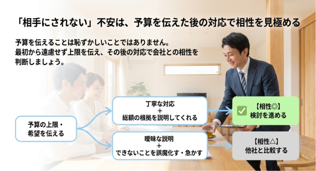 画像タイトル: 予算を伝えた後の対応で担当者との相性を見極める
代替テキスト: 営業担当者との相談場面を背景に、予算上限や希望を伝えた後の対応から相性を判断する流れを示したスライド