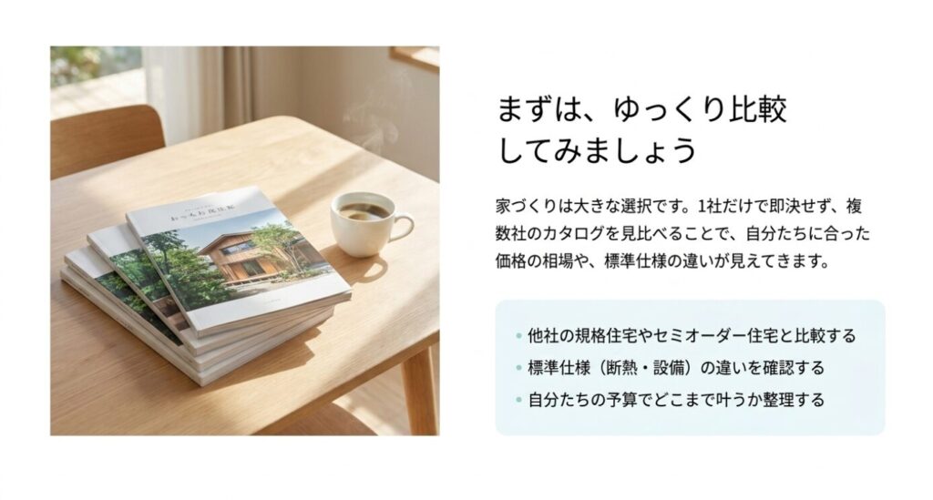 画像タイトル: カタログ比較で住宅会社を検討するポイント
代替テキスト: 1社だけで即決せず複数のカタログを見比べて、価格相場や標準仕様の違い、自分たちの予算で叶う範囲を整理することを促すスライド