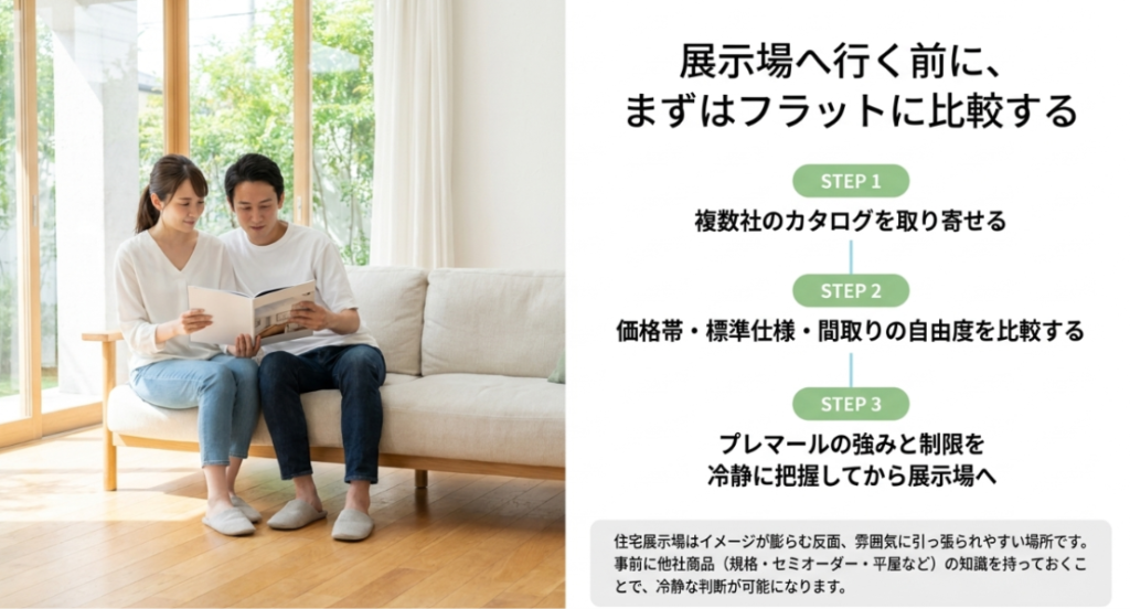 画像タイトル: 展示場へ行く前にカタログで比較する流れ
代替テキスト: 複数社のカタログを取り寄せ、価格帯や標準仕様、間取りの自由度を比較してから展示場へ行く流れを示したスライド