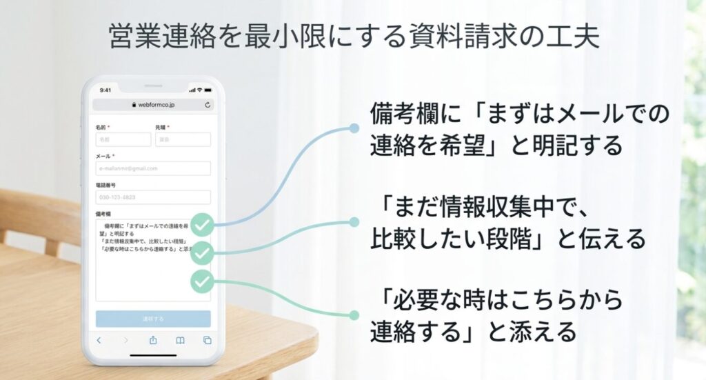 画像タイトル: 営業連絡を最小限にする資料請求の工夫
代替テキスト: 資料請求フォームの備考欄にメール連絡希望や情報収集中であることを書く工夫を示したスライド