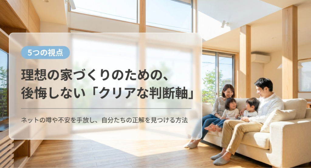 画像タイトル: 理想の家づくりのために後悔しない判断軸を整理する
代替テキスト: 明るい木質空間のリビングを背景に、ネットの噂や不安を手放して理想の家づくりのための判断軸を整理するスライド