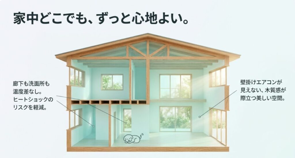 画像タイトル: 家中どこでも心地よい全館空調のメリット
代替テキスト: 住宅断面図を使い、廊下や洗面所の温度差軽減や壁掛けエアコンが見えにくい空間性を示したスライド