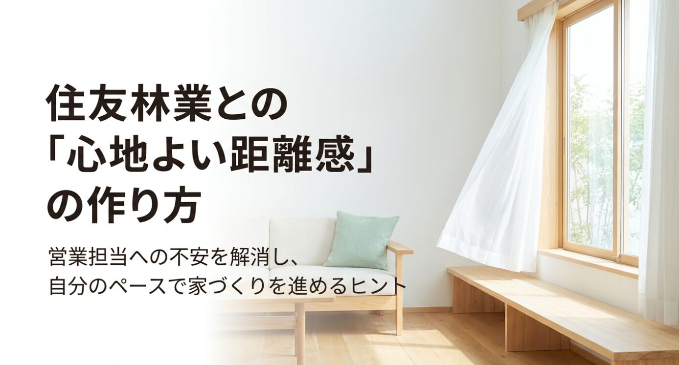 明るい木質の室内に白いソファと大きな窓が配置され、「住友林業との『心地よい距離感』の作り方」「営業担当への不安を解消し、自分のペースで家づくりを進めるヒント」と書かれた導入用スライド。住友林業の営業がしつこいと感じる不安に寄り添いながら、焦らず冷静に家づくりを進める考え方を示している。