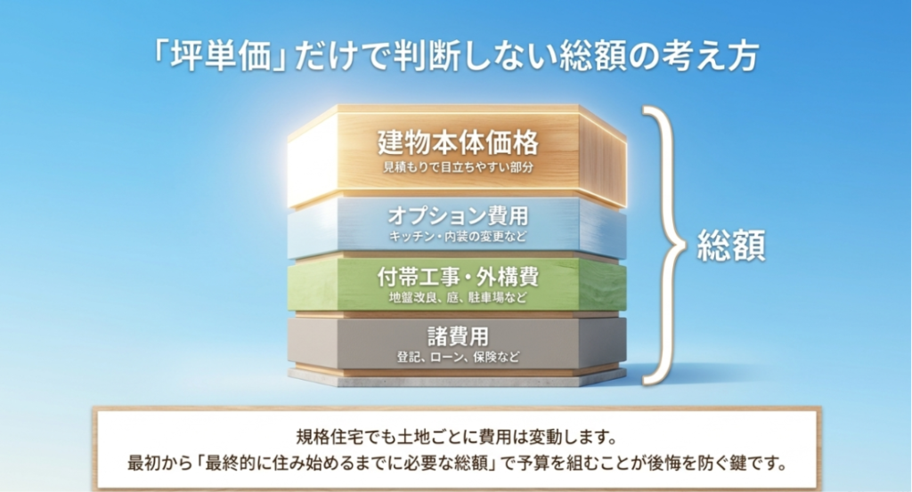 画像タイトル: 坪単価だけで判断しない総額の考え方
代替テキスト: 建物本体価格、オプション費用、付帯工事や外構費、諸費用を合計して総額で考える重要性を示したスライド