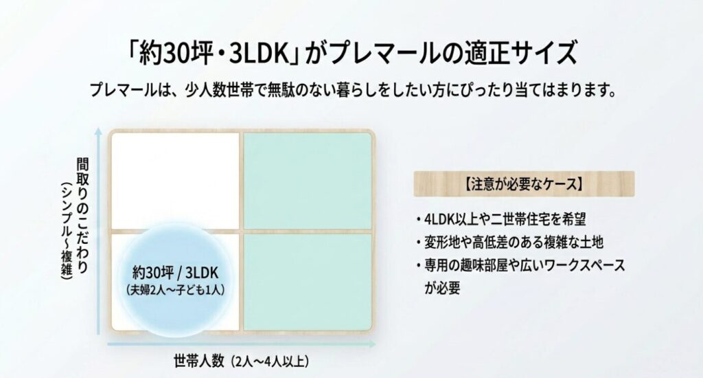 画像タイトル: 約30坪3LDKがプレマールの適正サイズになりやすい理由
代替テキスト: 約30坪3LDKのプレマールが少人数世帯に合いやすく、4LDK以上や二世帯住宅では慎重な確認が必要なことを示すスライド