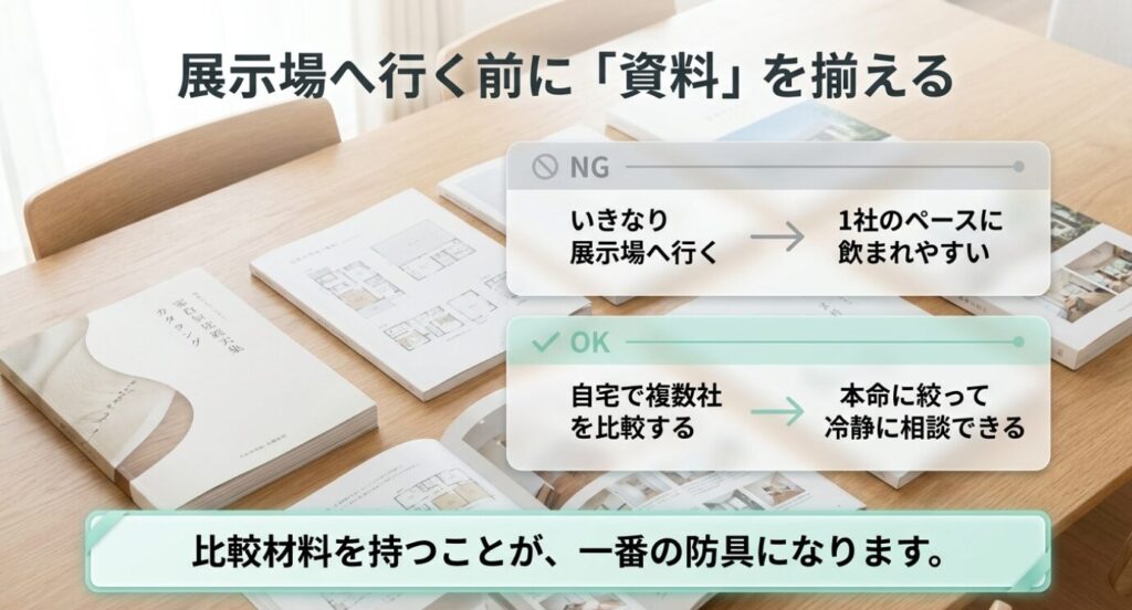 画像タイトル: 展示場へ行く前に資料を揃えて比較する
代替テキスト: いきなり展示場へ行くよりも自宅で複数社の資料を比較して本命を絞る流れを示したスライド