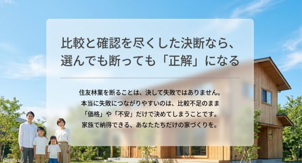 画像タイトル: 比較と確認を尽くした決断なら選んでも断っても正解になる
代替テキスト: 青空と木の家を背景に、比較と確認を尽くした判断なら住友林業を選んでも断っても納得できる家づくりにつながることを伝えるスライド