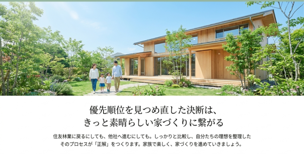 画像タイトル: 優先順位を見つめ直した決断が納得できる家づくりにつながる
代替テキスト: 緑に囲まれた木の家と家族の写真を背景に、優先順位を整理して比較した判断が納得できる家づくりにつながることを伝えるスライド