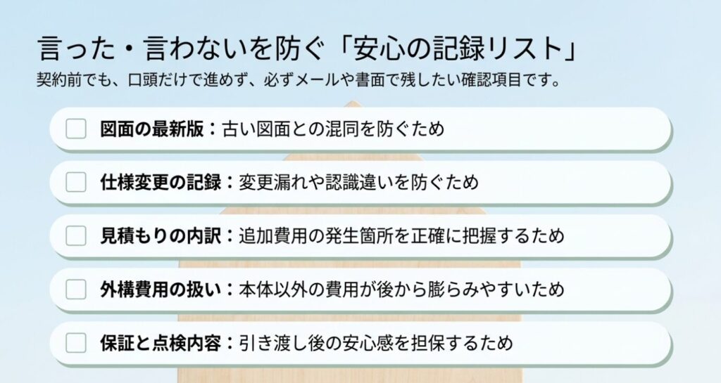 画像タイトル: 言った言わないを防ぐ安心の記録リスト
代替テキスト: 図面の最新版、仕様変更、見積もり内訳、外構費用、保証と点検内容を契約前に記録する重要性を示したスライド