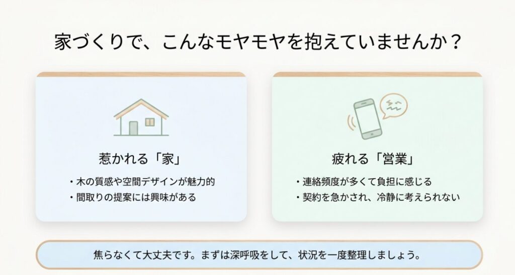 画像タイトル: 家づくりで抱えやすいモヤモヤの整理
代替テキスト: 住友林業の家には惹かれる一方で営業連絡や契約の急かしに疲れる読者のモヤモヤを整理したスライド