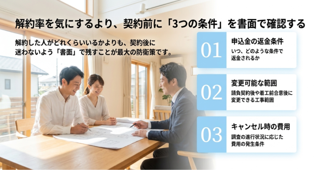 画像タイトル: 解約率より契約前に確認したい3つの書面条件
代替テキスト: 住宅会社との打ち合わせ場面を背景に、申込金の返金条件、変更可能な範囲、キャンセル時の費用を契約前に書面で確認するポイントを示したスライド