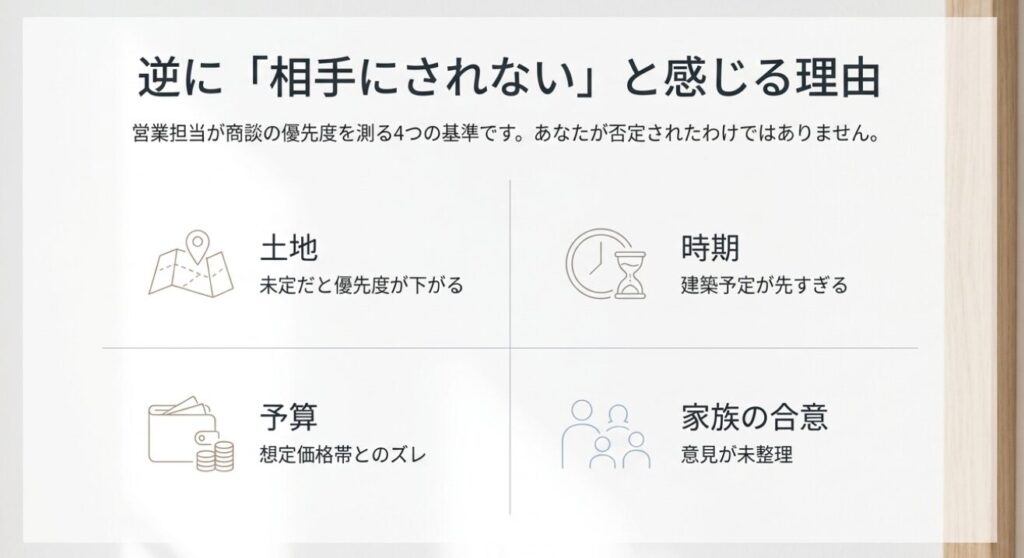 画像タイトル: 住友林業に相手にされないと感じる理由
代替テキスト: 土地、建築時期、予算、家族の合意状況によって営業の商談優先度が変わる理由を整理したスライド