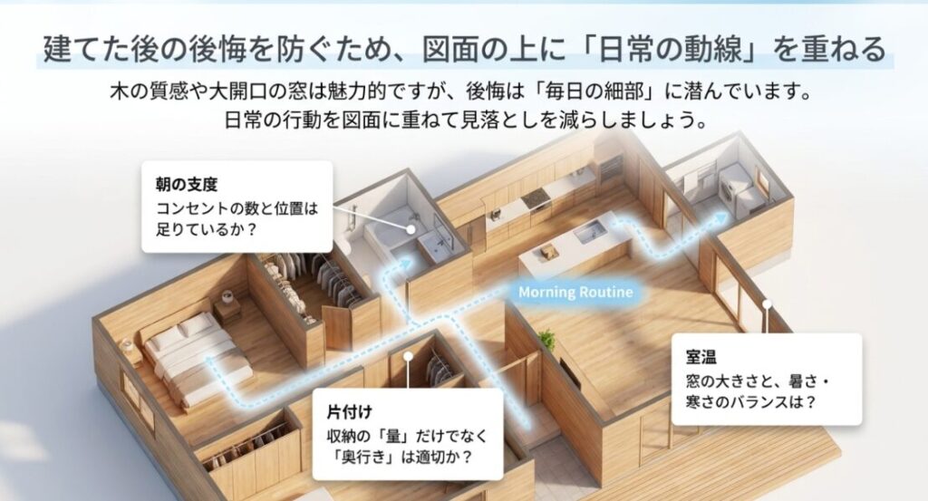 画像タイトル: 建てた後の後悔を防ぐために図面上で日常動線を確認する
代替テキスト: 住宅の間取り図に朝の支度や片付けや室温の確認ポイントを重ね、住んでからの後悔を防ぐための生活動線チェックを示したスライド