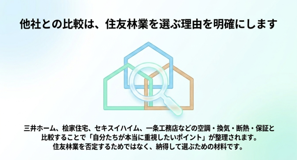 画像タイトル: 他社比較で住友林業を選ぶ理由を明確にする
代替テキスト: 三井ホーム、桧家住宅、セキスイハイム、一条工務店などの空調や換気や断熱や保証を比較する重要性を示したスライド