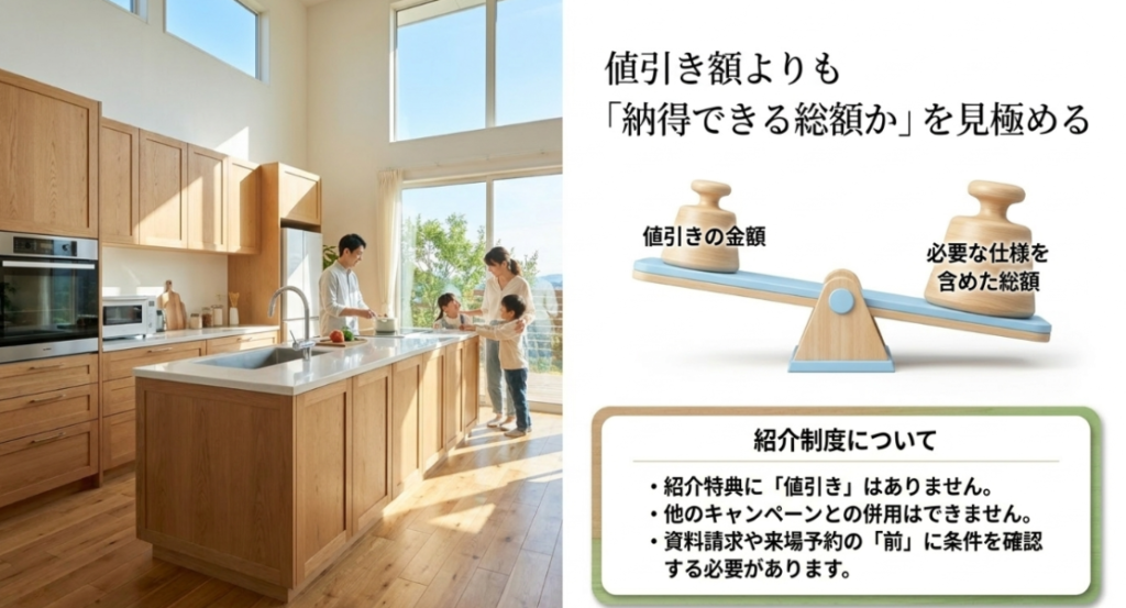 画像タイトル: 値引き額より納得できる総額を見極める
代替テキスト: 値引きの金額だけでなく、必要な仕様を含めた総額で判断する重要性と紹介制度の注意点を示したスライド