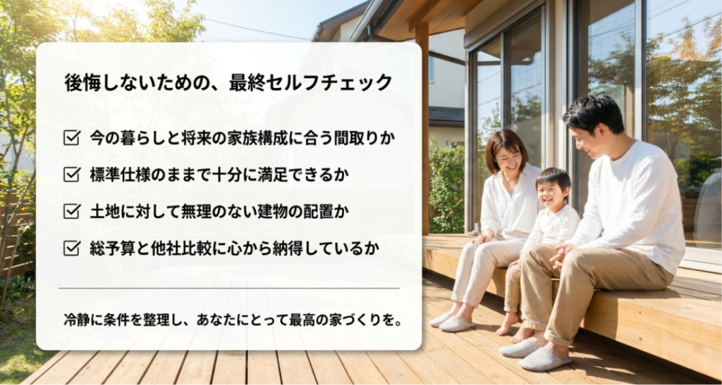 画像タイトル: 後悔しないための最終セルフチェック
代替テキスト: 今の暮らしと将来の家族構成、標準仕様、土地条件、総予算と他社比較を確認する最終チェックリストのスライド