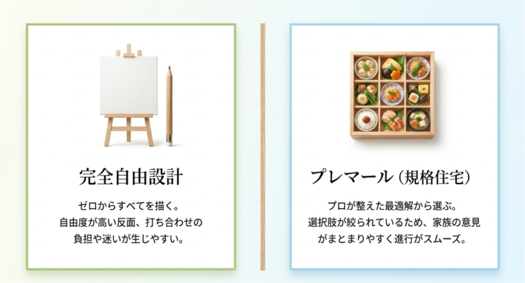 画像タイトル: 完全自由設計と規格住宅の違い
代替テキスト: 完全自由設計は自由度が高い一方で打ち合わせの負担が増えやすく、規格住宅は選択肢が整理されて進行しやすいことを比較したスライド