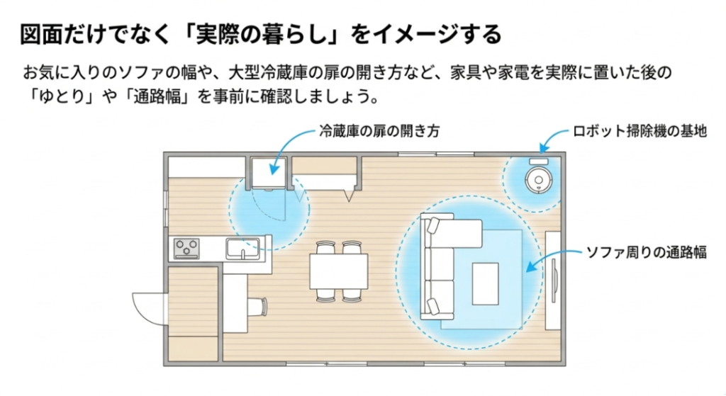 画像タイトル: 図面だけでなく実際の暮らしをイメージする
代替テキスト: ソファや冷蔵庫、ロボット掃除機の基地など、家具や家電を置いた後の通路幅を確認する重要性を示したスライド