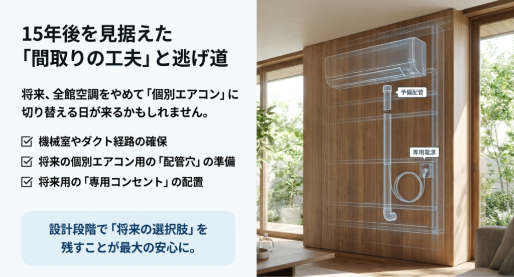 画像タイトル: 将来の個別エアコン切り替えに備える
代替テキスト: 将来全館空調から個別エアコンへ切り替える可能性を考え、配管穴や専用コンセントを準備する重要性を示したスライド