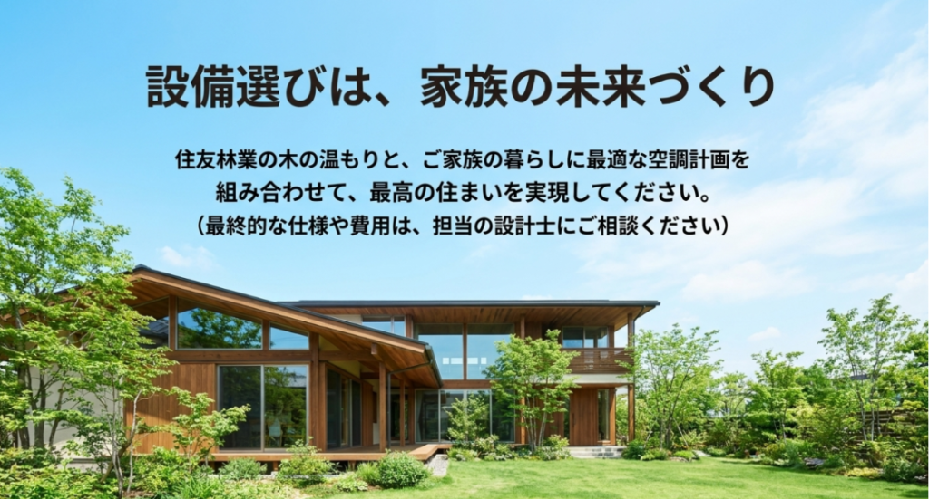 画像タイトル: 設備選びは家族の未来づくり
代替テキスト: 木質感のある住宅外観と庭を背景に、家族の暮らしに合う空調計画を選ぶ大切さを伝えるまとめスライド