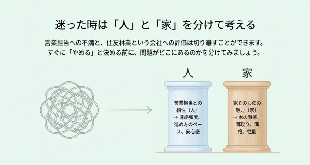 画像タイトル: 迷った時は人と家を分けて考える
代替テキスト: 営業担当との相性や連絡頻度と、家そのものの魅力や性能を分けて考える判断方法を示したスライド