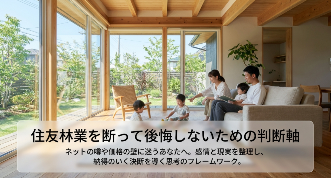 明るい木質空間のリビングに大きな窓から緑の景色が広がり、「住友林業を見送る前に。自分サイズの家づくりを見つける頭の整理術」「価格と理想のバランスを整える、5つのチェックポイント」と表示されたスライド。住友林業を価格だけで断る前に、理想の住まいと予算のバランスを冷静に整理する考え方を表している。