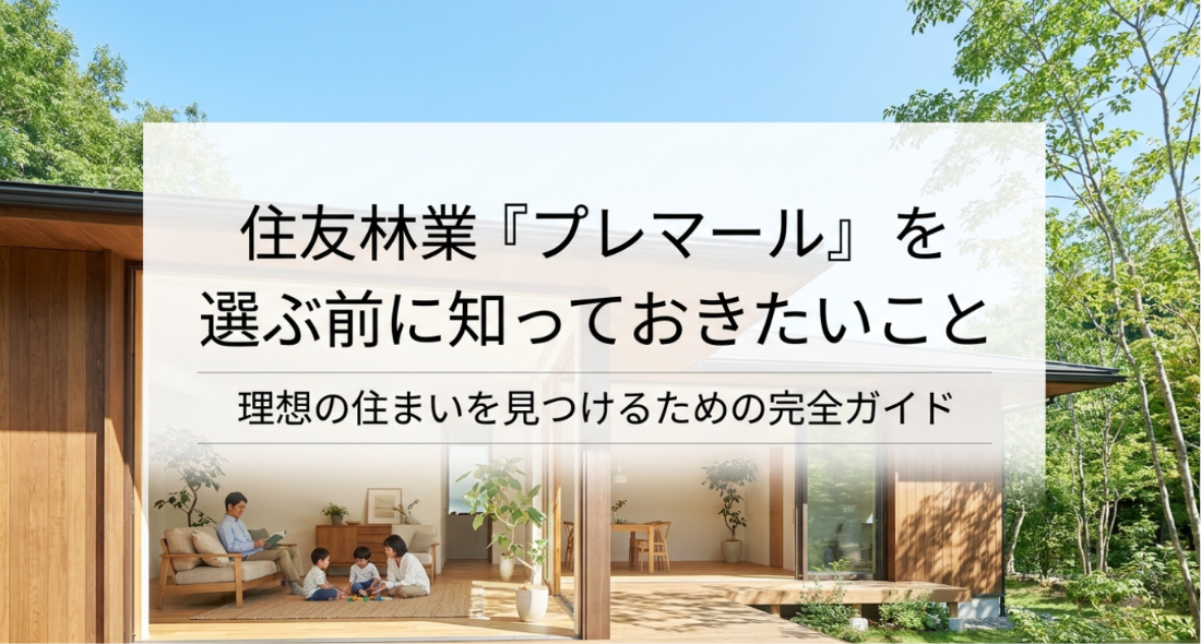 木の外壁と大きな窓が印象的な明るい住まいを背景に、「住友林業『プレマール』を選ぶ前に知っておきたいこと」「理想の住まいを見つけるための完全ガイド」という文字が配置されたアイキャッチ画像。プレマールを候補にする前に、評判や価格、間取り、標準仕様を冷静に確認する大切さを伝えている。