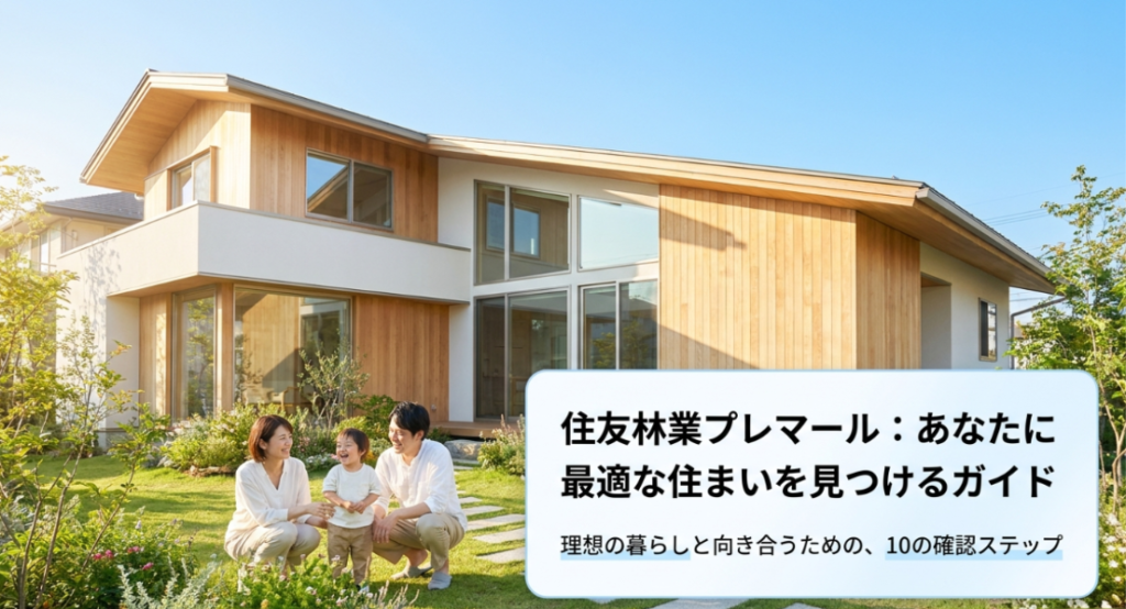 画像タイトル: 住友林業プレマールで最適な住まいを見つけるための確認ステップ
代替テキスト: 住友林業プレマールで理想の暮らしに合う住まいを見つけるための確認ステップを示したスライド