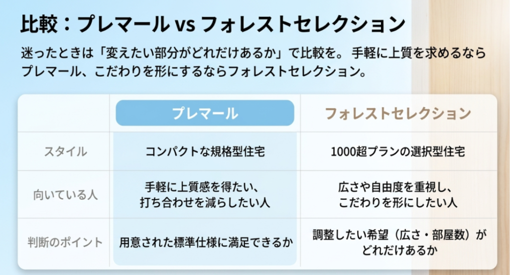 画像タイトル: プレマールとフォレストセレクションの比較
代替テキスト: コンパクトな規格型住宅と1000超プランの選択型住宅を比較し、向いている人や判断ポイントを整理したスライド