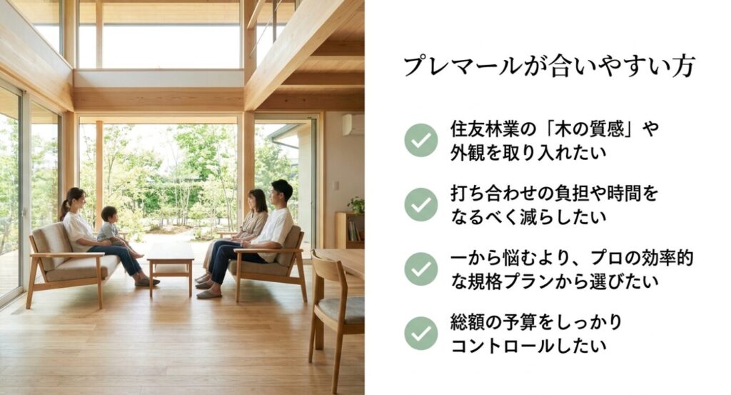 画像タイトル: プレマールが合いやすい人の特徴
代替テキスト: 木の質感や外観を取り入れたい人、打ち合わせ負担を減らしたい人、規格プランから選びたい人、総額を管理したい人に向いていることを示すスライド