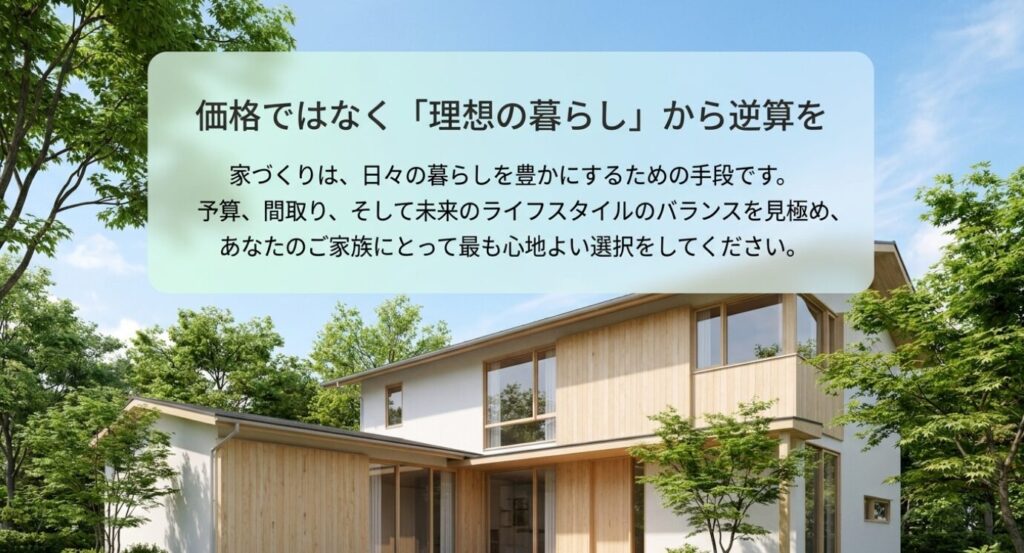 画像タイトル: 価格ではなく理想の暮らしから逆算する家づくり
代替テキスト: 家づくりは価格だけでなく理想の暮らしから逆算し、予算、間取り、未来のライフスタイルのバランスで判断することを伝えるスライド