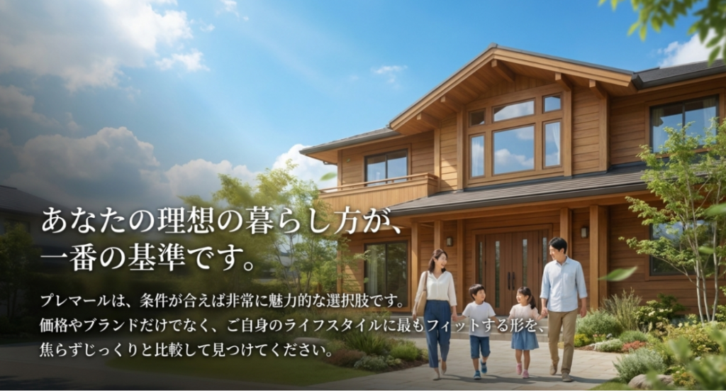 画像タイトル: 理想の暮らし方を基準にプレマールを選ぶ
代替テキスト: プレマールは条件が合えば魅力的な選択肢であり、価格やブランドだけでなくライフスタイルに合うかを比較する大切さを示したスライド