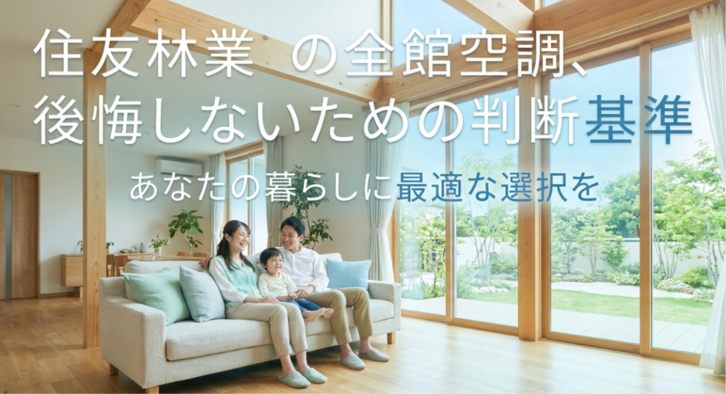 画像タイトル: 住友林業の全館空調で後悔しないための判断基準
代替テキスト: 明るい木質感のあるリビングで家族がくつろぎ、住友林業の全館空調で後悔しないための判断基準を示したスライド
