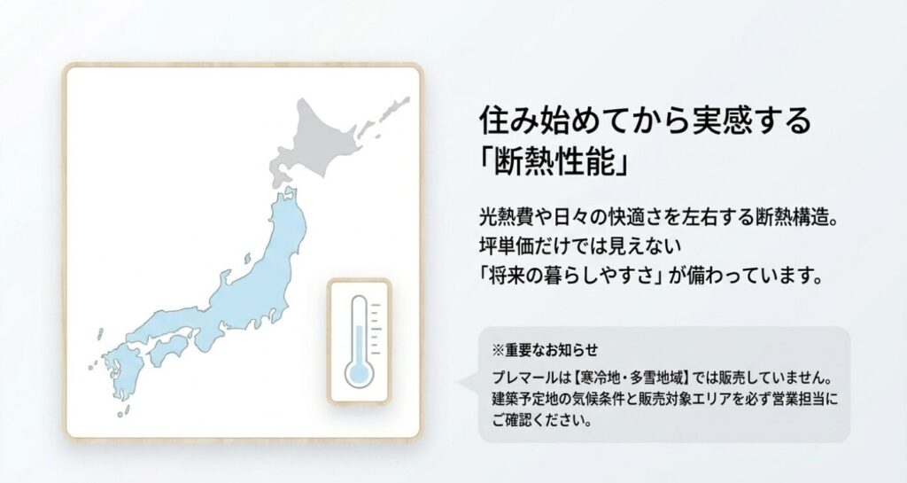 画像タイトル: 断熱性能と販売対象エリアの確認ポイント
代替テキスト: プレマールの断熱性能は暮らし始めてから実感する要素であり、寒冷地や多雪地域では販売対象外である点を確認するスライド