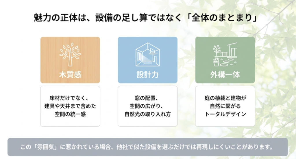 画像タイトル: 木質感と設計力と外構一体で考える住まいの魅力
代替テキスト: 木質感、設計力、外構一体の3要素を並べ、住まいの魅力は設備の足し算ではなく全体のまとまりで決まることを示したスライド