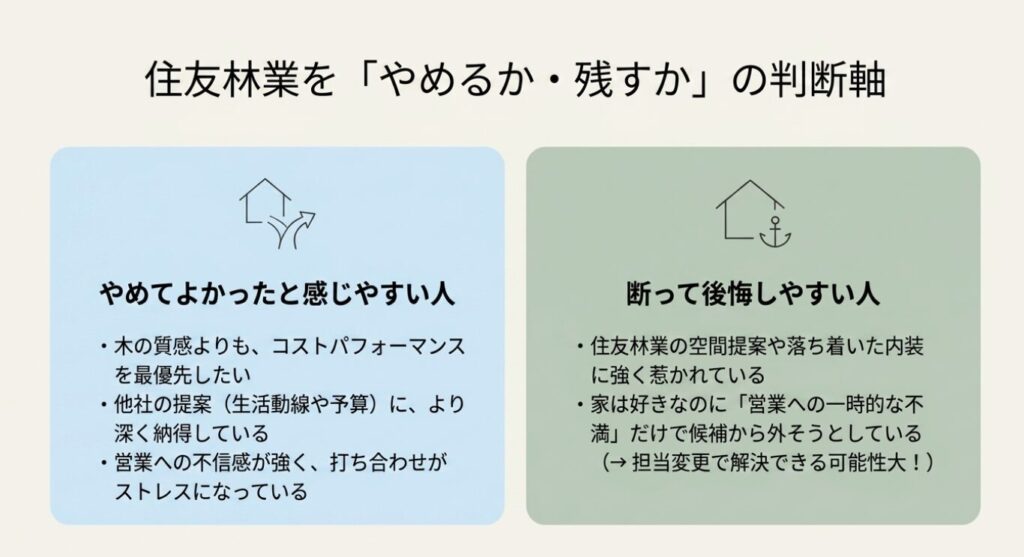 画像タイトル: 住友林業をやめるか残すかの判断軸
代替テキスト: コストパフォーマンスや他社提案を優先する人と、住友林業の空間提案や内装に惹かれて断ると後悔しやすい人の違いを示したスライド