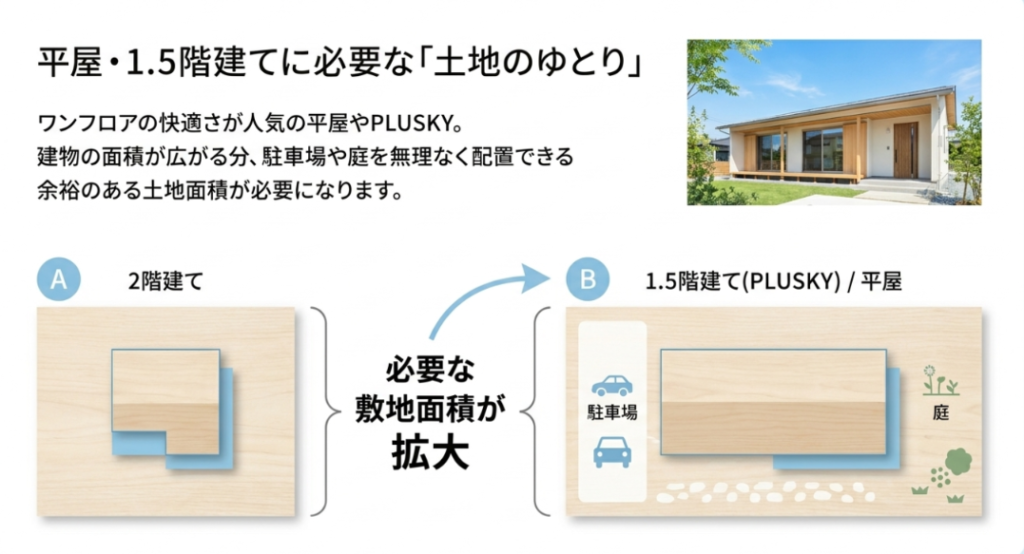 画像タイトル: 平屋や1.5階建てに必要な土地のゆとり
代替テキスト: 平屋や1.5階建てでは建物の面積が広がるため、駐車場や庭を含めた敷地面積に余裕が必要なことを示したスライド